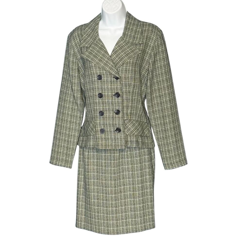 Vintage 80s LA BELLE Tweed Skirt Suit Size 9 Double Breasted Jacket Retro Career